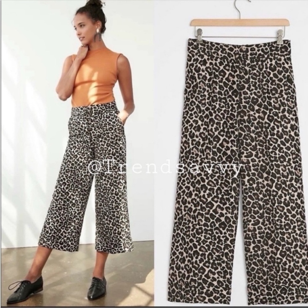 Anthropologie Maeve Kate Leopard Jacquard Cropped Wide Leg Trousers Brown 2